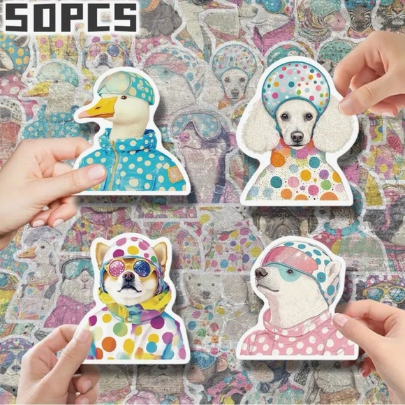50 Animals in Pop Art Outfits Stickers Polka Dots Glasses Hats Jackets Fun Color - Picture 4 of 9